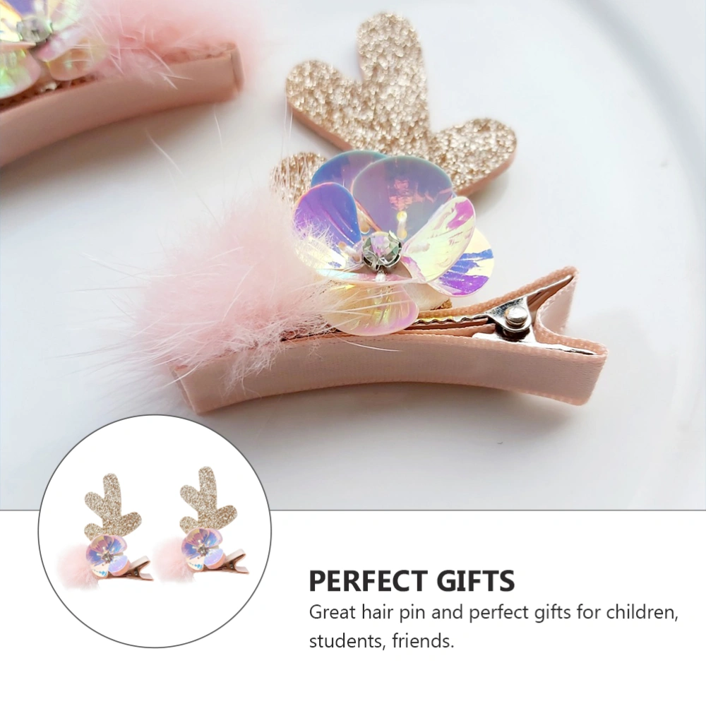 1pair Christmas Baby Hairpins Antler Shape Hair Clip Handmade Hair Decors(Pink)