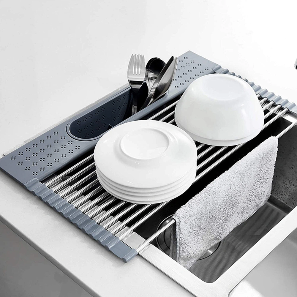 Sink Roll Up Dish Drying Rack Stainless Steel Dish Drainer with Utensil Holder