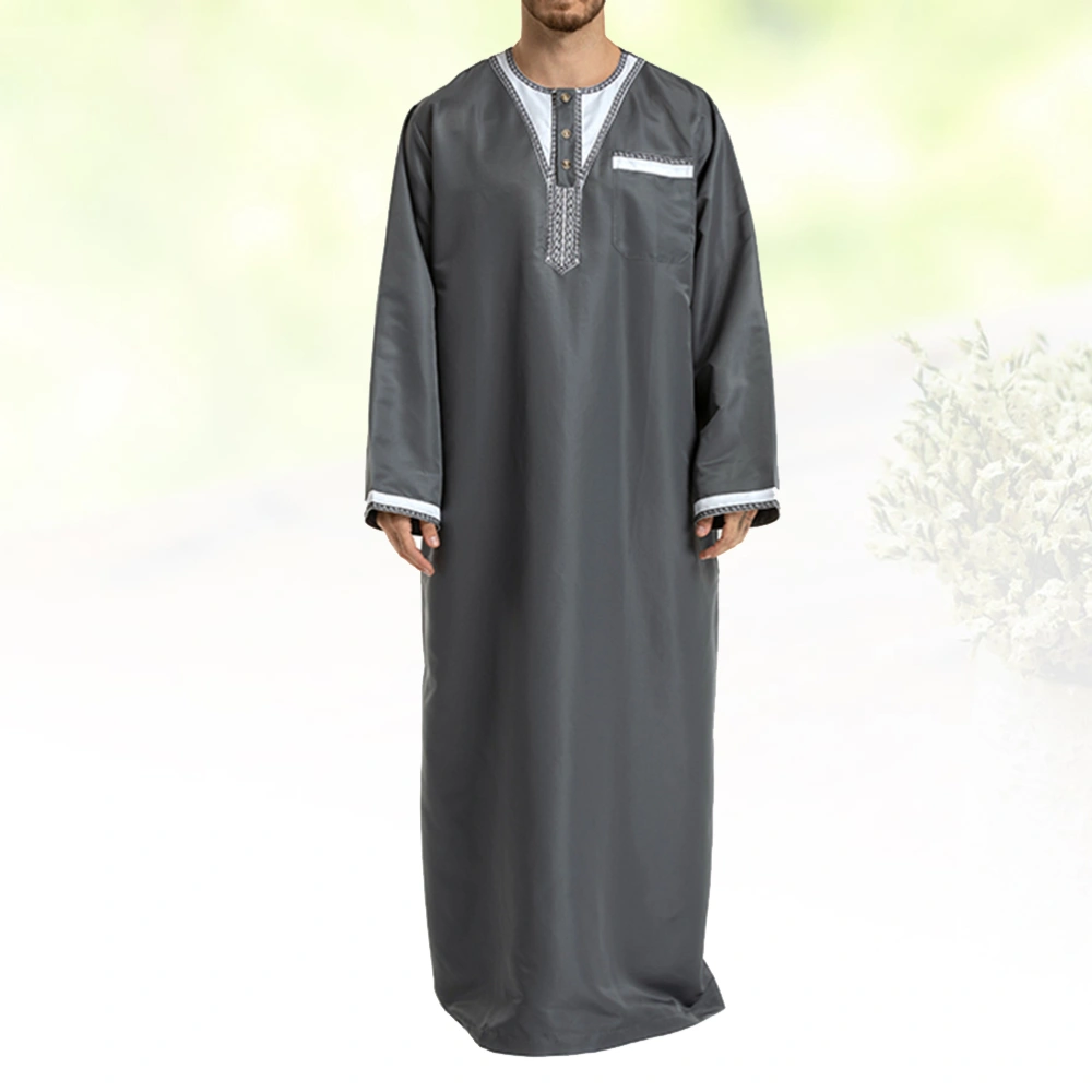 Men's Islamic Thobe Round Collar Splicing Long Sleeve Arab Muslim Wear Robe Clothes Size S (Grey)