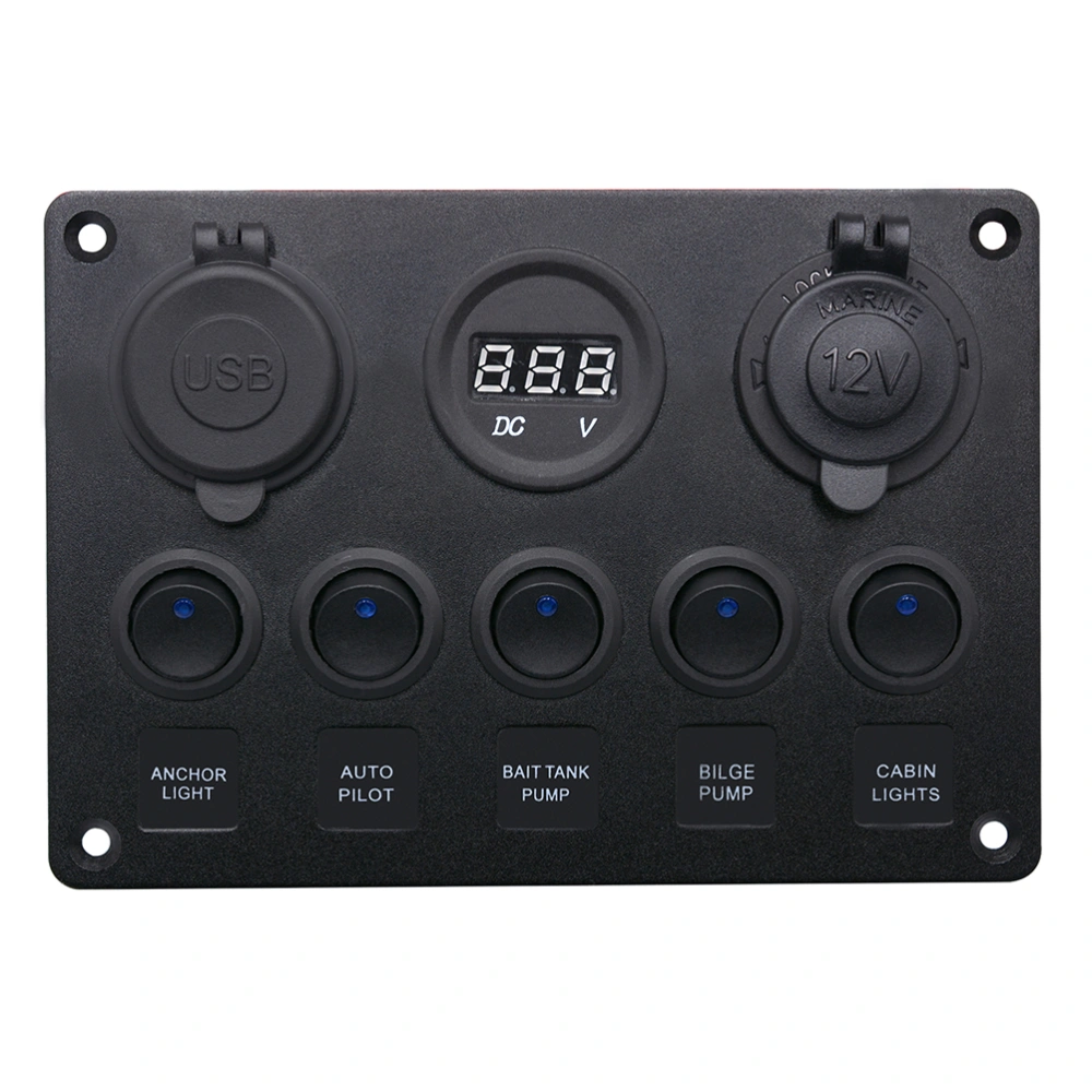 12-24V 5 Gang Car Boat RV Combination Switch Panel LED Light Waterproof Vehicle Marine Rocker Switch Panel Lighter Socket Switch Double USB Car Charger Voltmeter (Blue Light)