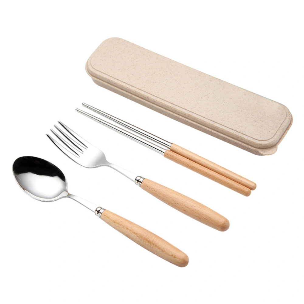 3PCS Stainless Steel Flatware Tableware Cutlery Set with Beech Handle Include Fork Spoon Chopsticks Case