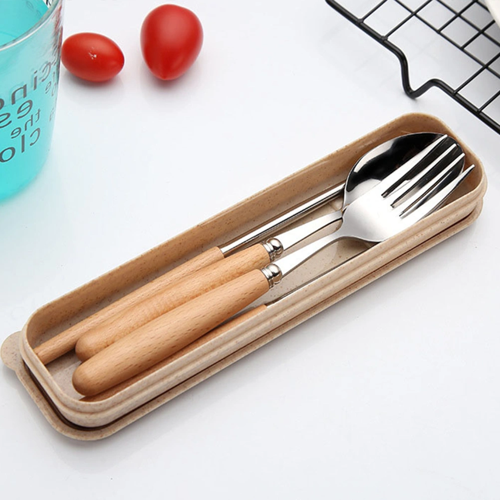 3PCS Stainless Steel Flatware Tableware Cutlery Set with Beech Handle Include Fork Spoon Chopsticks Case