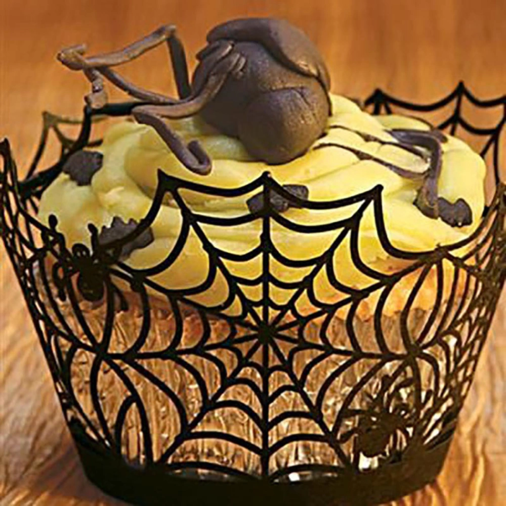 24pcs Hollow out Halloween Cupcake Wrappers Spider Web Shape Liner Baking Cake Paper Cup Wraps for Wedding Birthday Party Decoration (Black)