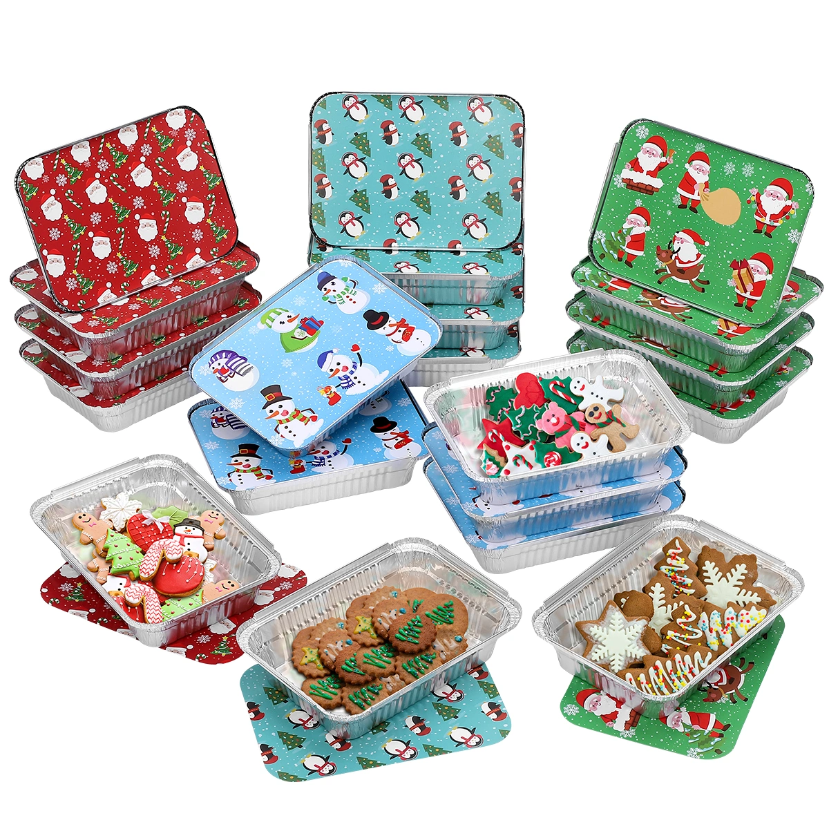 Yardwe 20pcs Christmas Foil Pans with Lids Disposable Food Containers Rectangular Foil Pans with Covers for Baking Cooking Heating (4 Lid Patterns, 5 for Each)