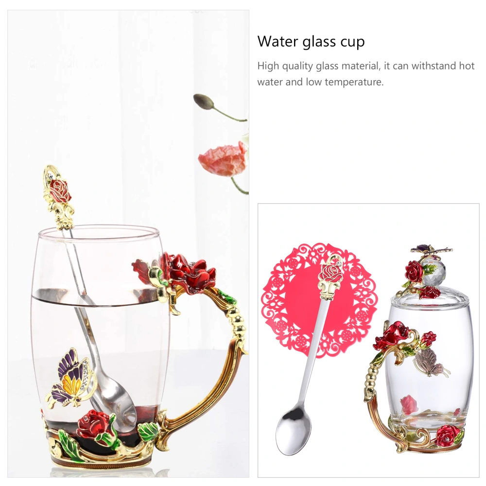 Beautiful Enamel Glass Cup Set Flower Design Glass Water Cup Gift (Tall Red)