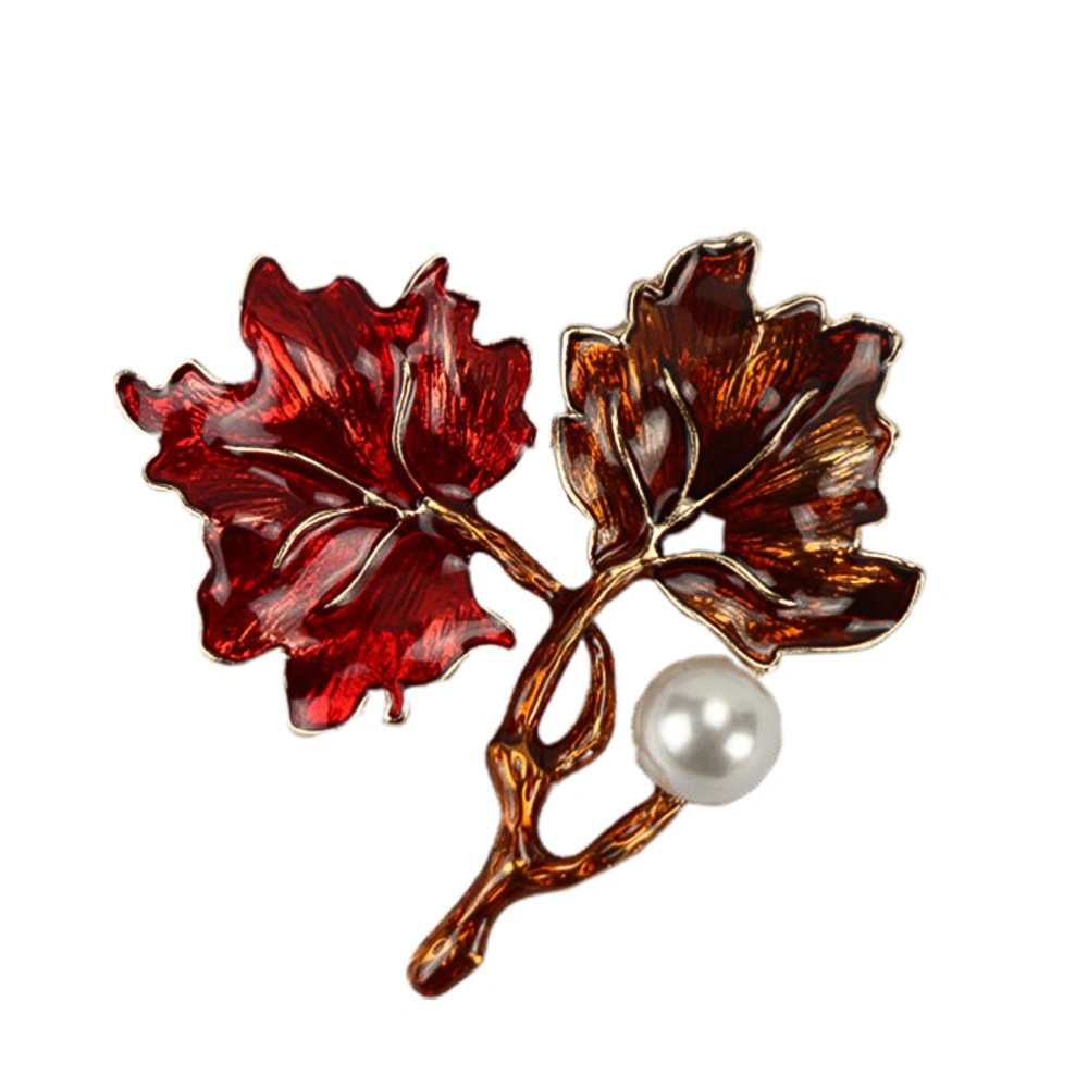 1Pc Vintage Enamel Alloy Brooch Fashion Maple Leaf Shape Breastpin Delicate Pearl Corsage Collar Pin (Red)