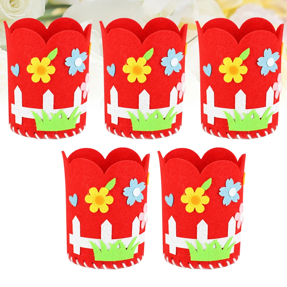 5pcs DIY Non-woven Fabric Pencil Holders Cartoon Handmade Pencil Container Stationery Organizer (Red Fence)