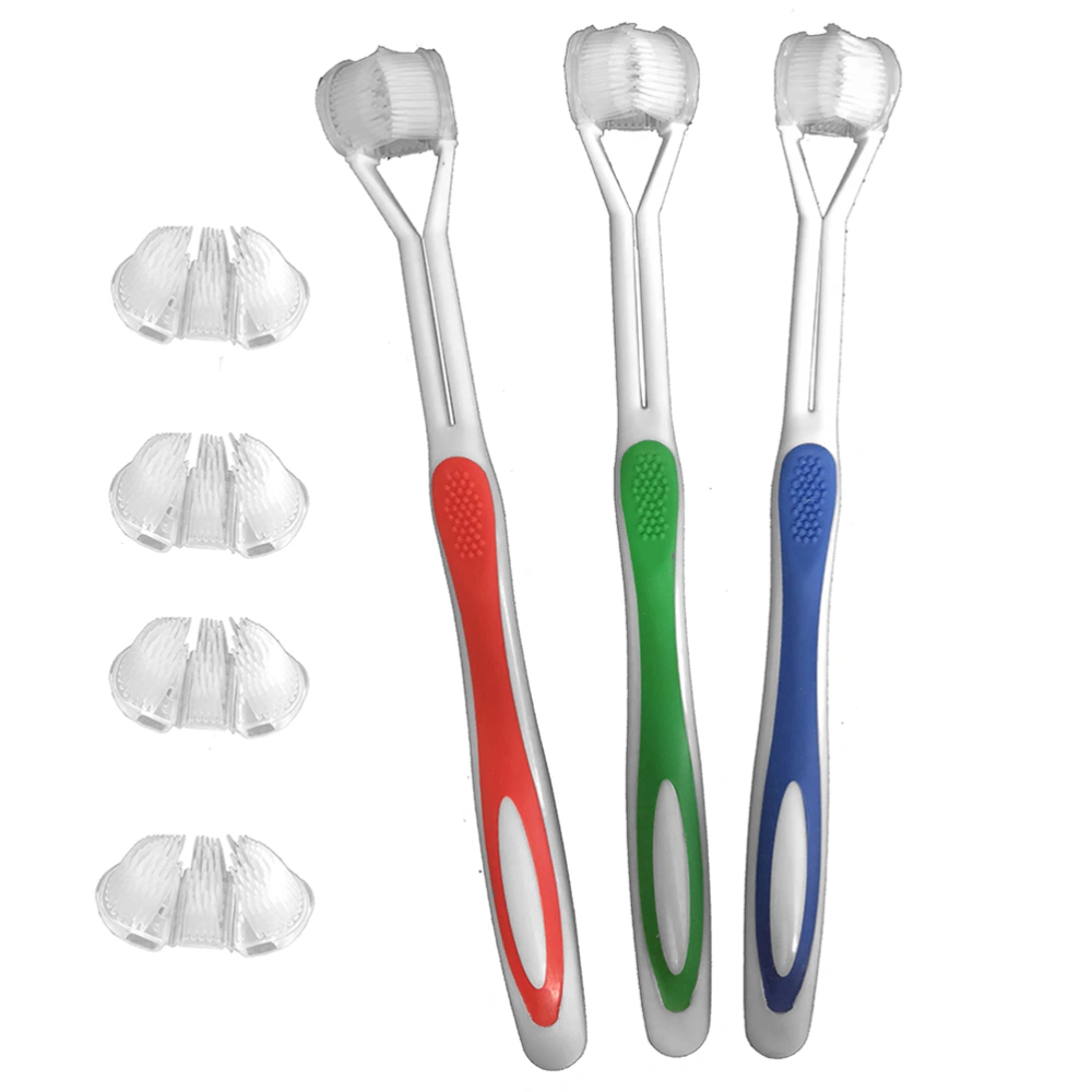 7PCS 3 Sided Toothbrushs Ultrafine Bristle Tooth Brush for Adult (Green Blue and Red)