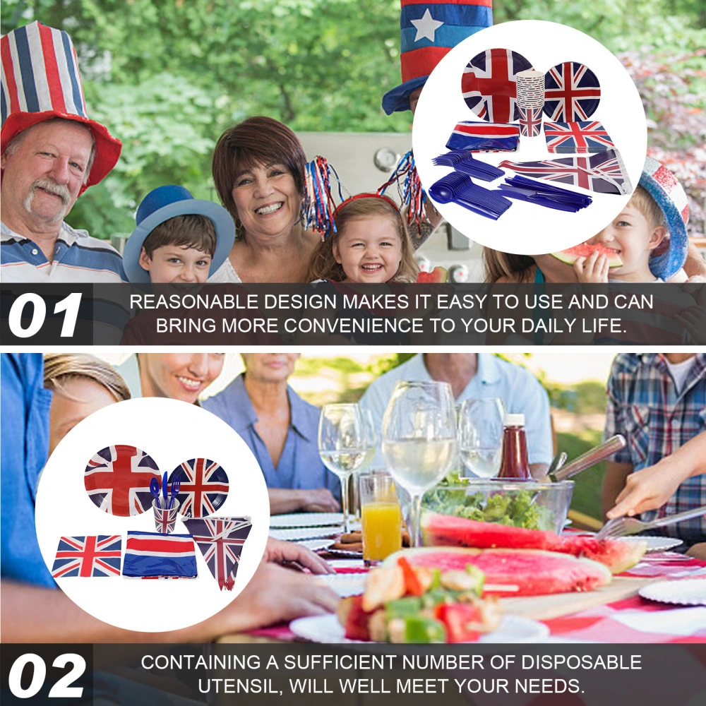 1 Set Disposable Tableware Union Jack Printing Paper Utensil Banner Tablecloth Kit