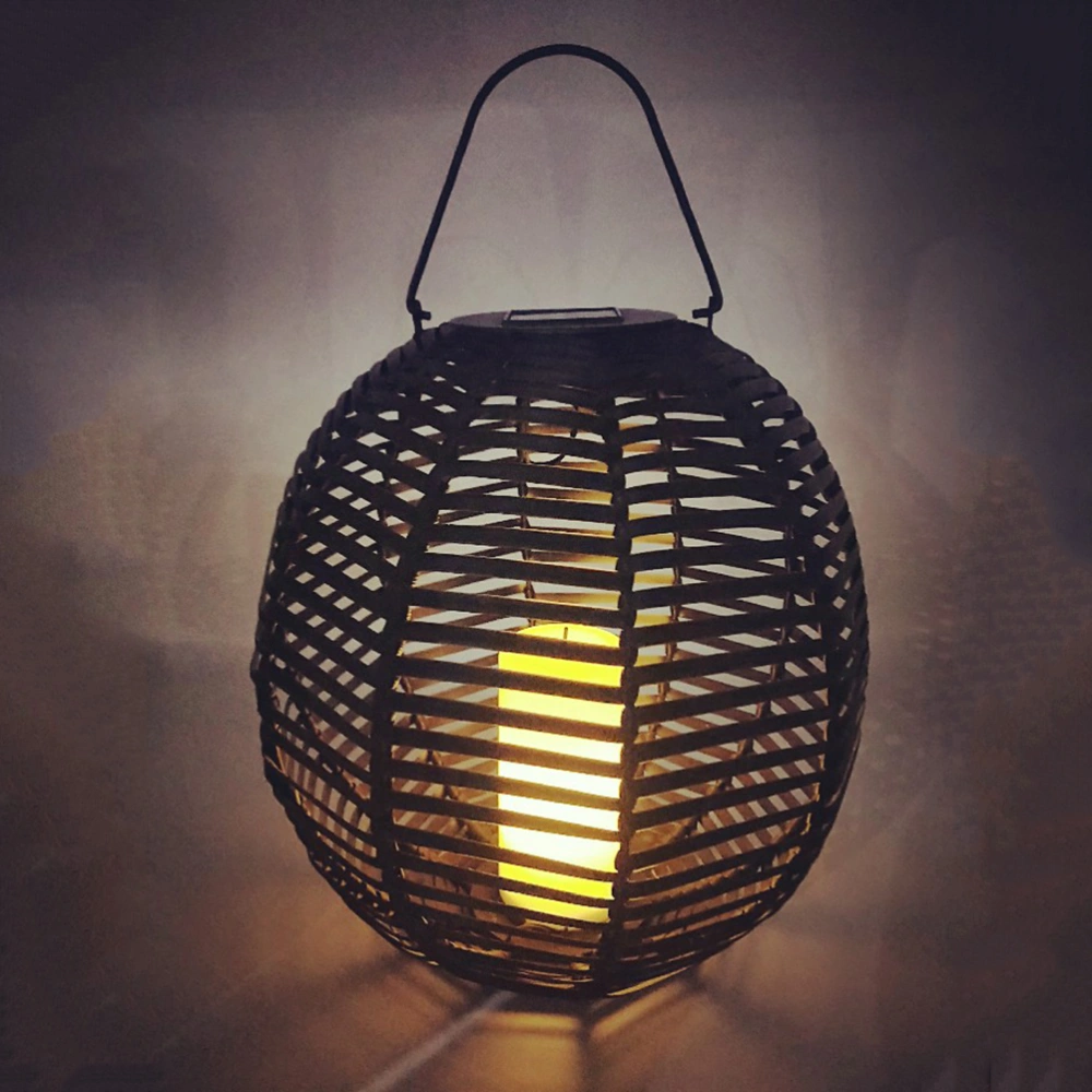 Solar Powered Round Shape Rattan Lantern Bar Tea House Bookstore Landscape Ambient Light(Black)