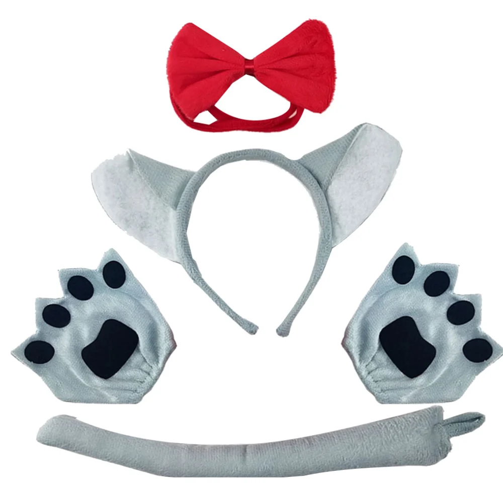 3pcs in 1 Set Funny Grey Wolf Headband Accessory Set Adorable Hairwear Tail Tie Festival Performance Masquerade Party Supplies with 1 Pair of Gloves