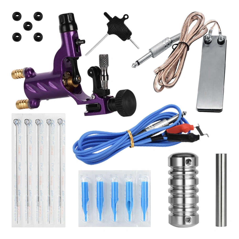 Machine Kit Rubber Bands 3RL Needles 3RT Needle Cover Handle Hexagon Wrench Cord Tatto Foot Pedal and Machine (Purple)