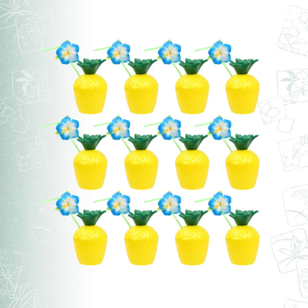 12pcs Pineapple Cups Hawaii Party Drinking Cups Portable Pineapple Storage Cups Beach Party Cup with Flower Straw (Yellow)