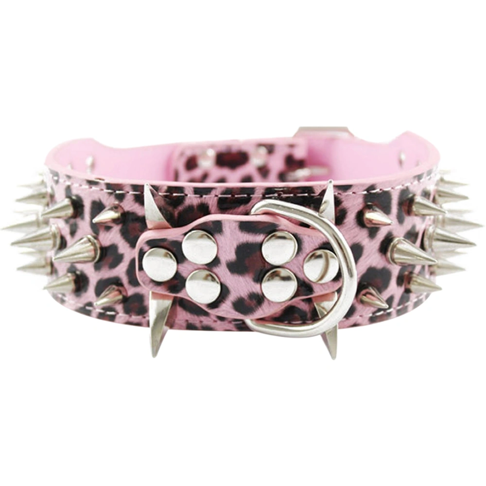 Leopard Style Spike Studded PU Adjustable Pet Dog Cat Puppy Safety Collar - Size L (Pink)