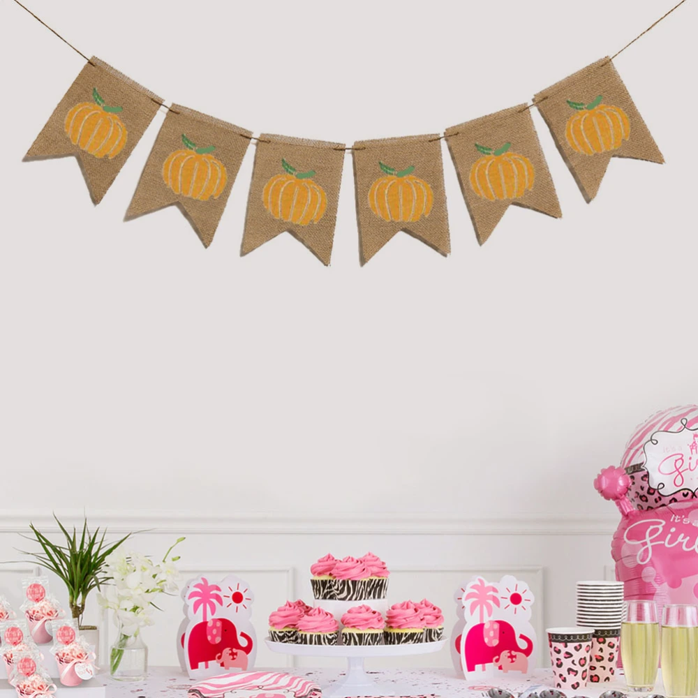 Pumpkin Printing Thanksgiving Burlap Banner Creative Swallowtail Garland Bunting Fall Flag Linen Dovetail Shape Party Supplies for Thanksgiving Fall Party Ornament