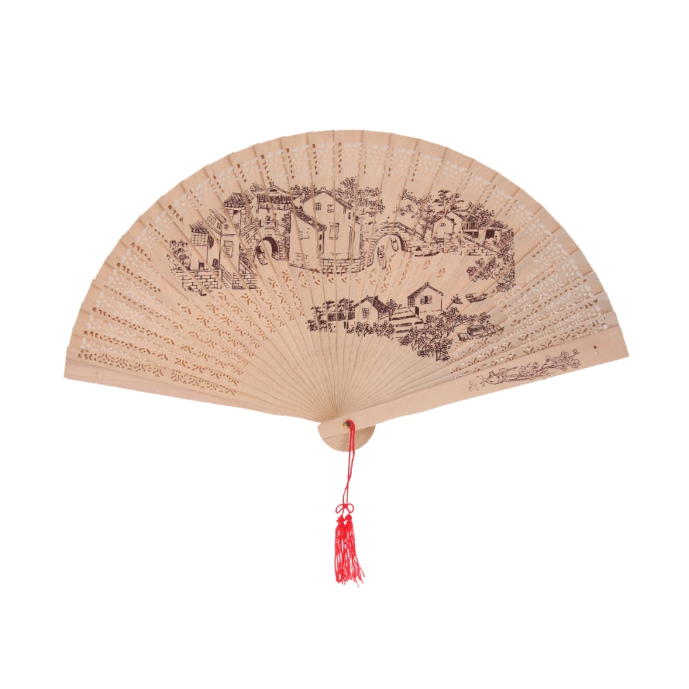 Sandal Wood Foldable Fan Ancient Elegant Ancient Fan Lovely Hollow Hand Fan for Summer Decor (Ancient Town)