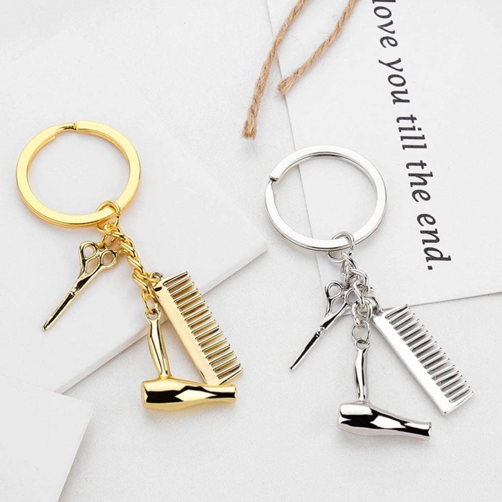 1PC Fashion Hairdresser Hair Dryer Scissor Comb Charm Pendant Keychain Key Ring Creative Accessories (Gold)