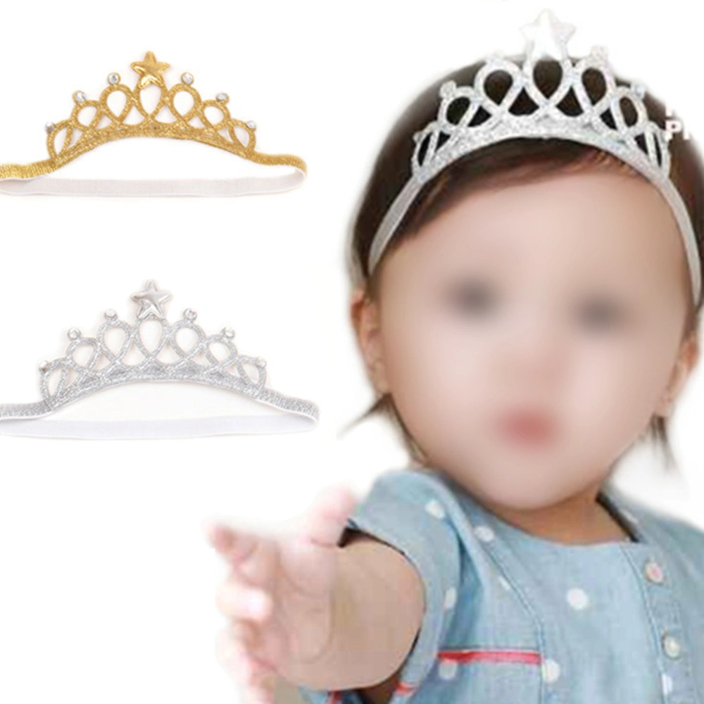 2Pcs Baby Girl Crown Tiara Headband Head Wrap Hair Band Headwear Birthday Gift Tiara Crown Headband (Silver and Gold)