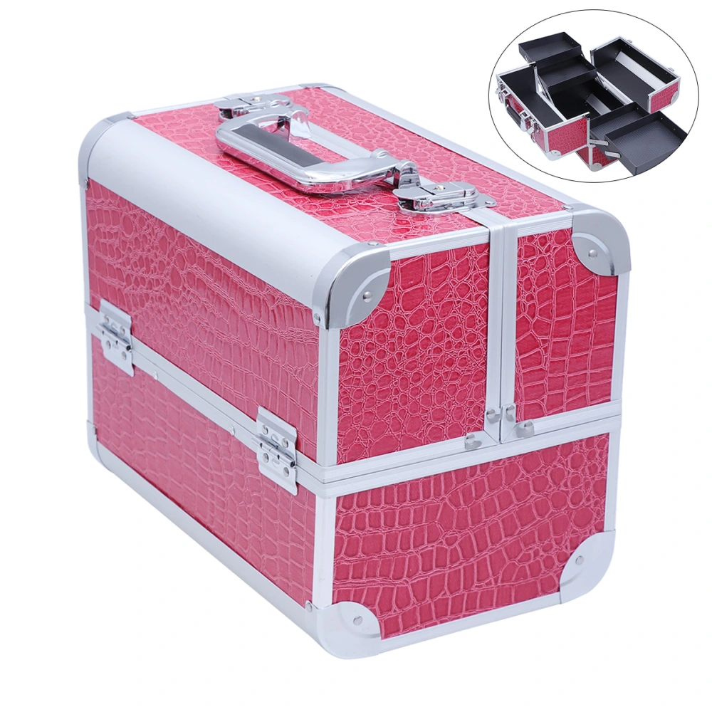 Aluminum Alloy Cosmetic Box Professional Large Capacity Toiletry Box Portable Makeup Organizer Double Open Multilayer Makeup Bag (Rosy)