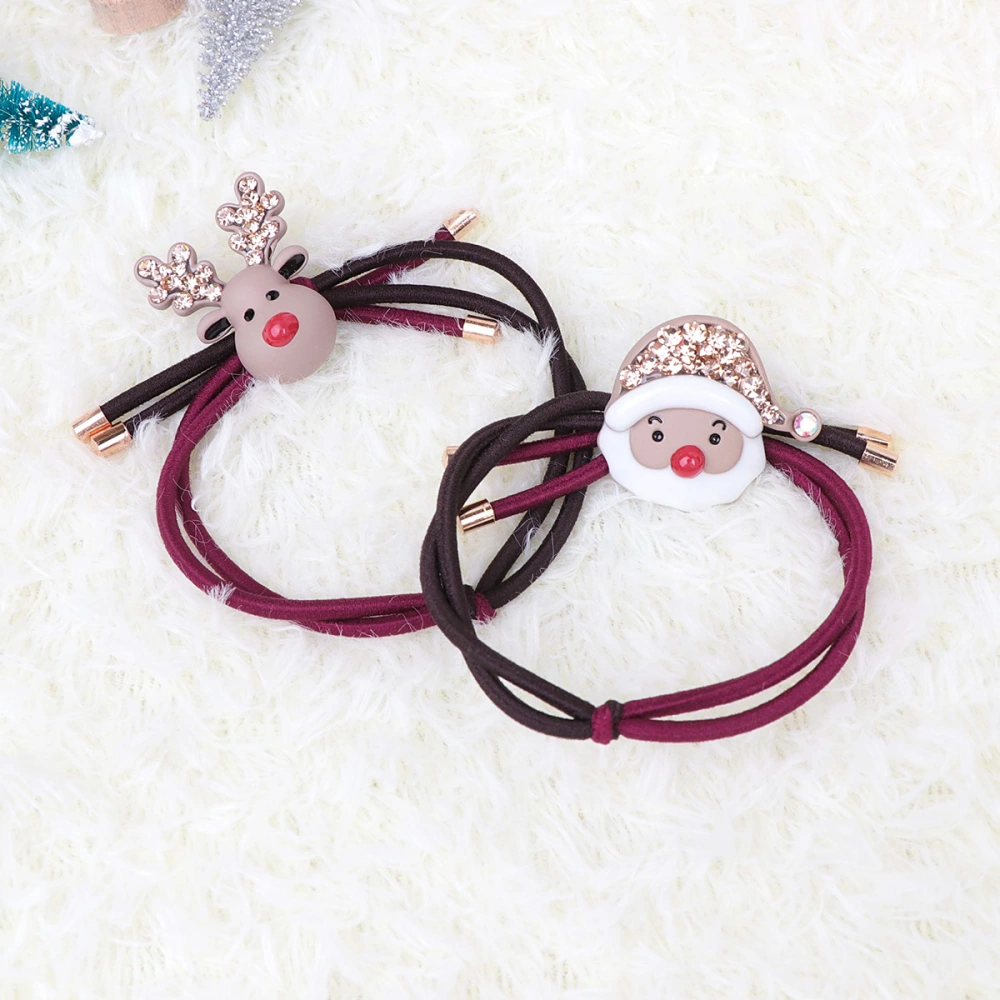 2pcs Christmas Stretch Hair Ties Cartoon Santa Claus Deer Hair Ring Ponytail Holders (Champagne)