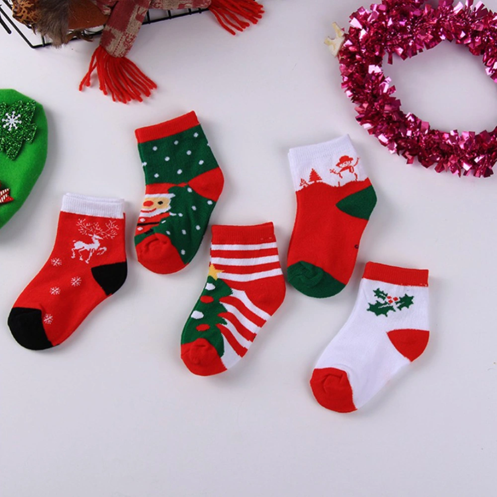 5 Pairs Christmas Stockings Winter Cartoon Pattern Cotton Socks Festival Toddler Socks for 3-7 Years Old (5 Color Mixed)