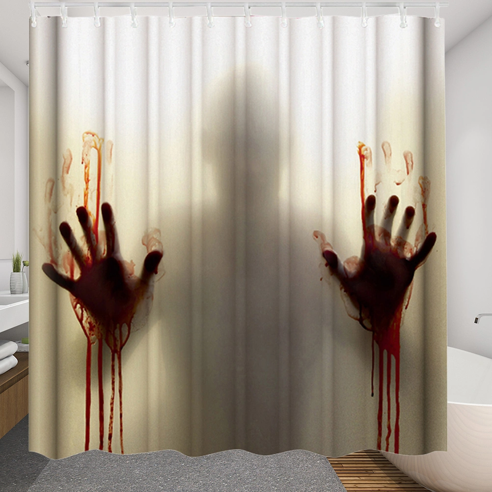 1PC Halloween Shower Curtain Bloody Handprint Pattern Waterproof Bath Curtain for Bathroom Home Dorm with 12PCS C Type Hooks