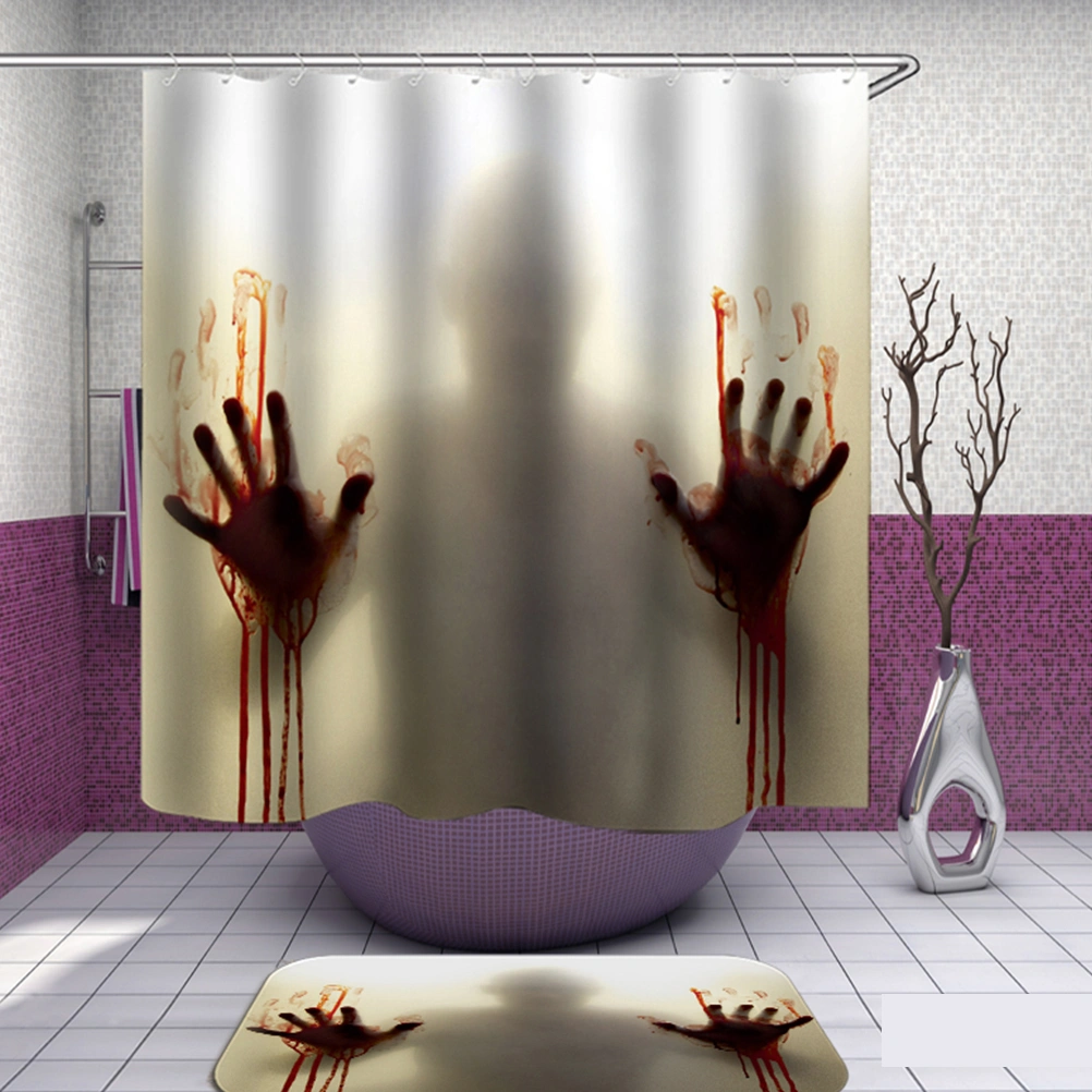 1PC Halloween Shower Curtain Bloody Handprint Pattern Waterproof Bath Curtain for Bathroom Home Dorm with 12PCS C Type Hooks