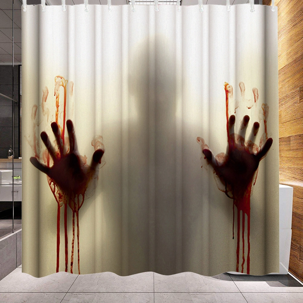 1PC Halloween Shower Curtain Bloody Handprint Pattern Waterproof Bath Curtain for Bathroom Home Dorm with 12PCS C Type Hooks