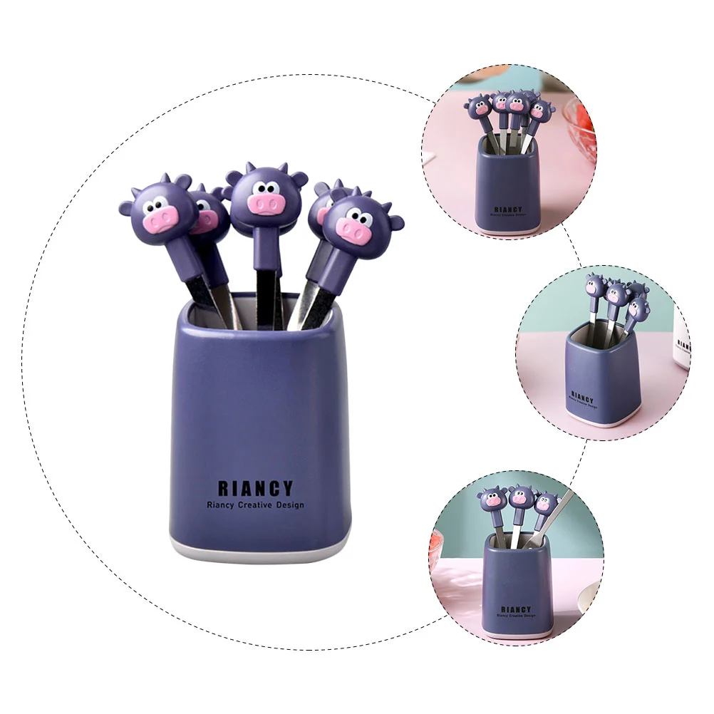 1 Set Cartoon Stainless Steel Fruit Forks Home Food Forks with a Holder