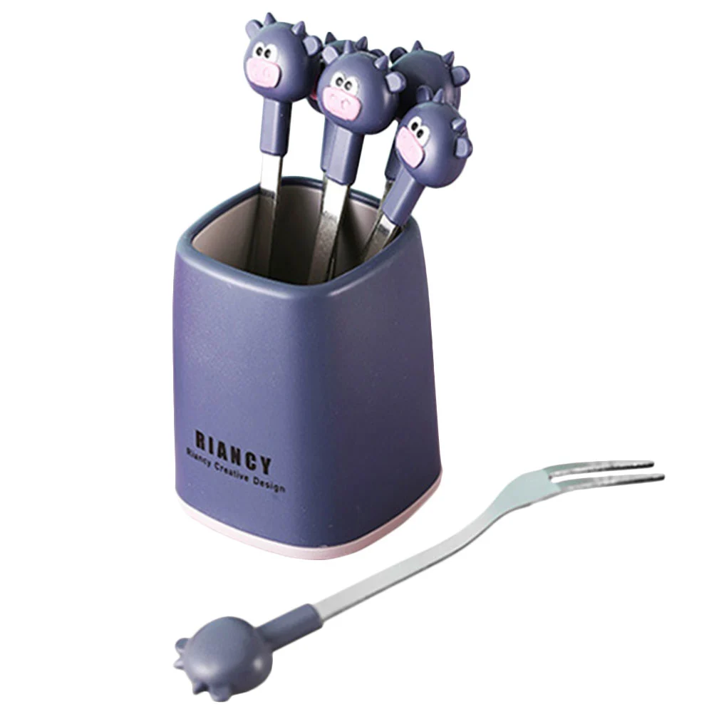 1 Set Cartoon Stainless Steel Fruit Forks Home Food Forks with a Holder