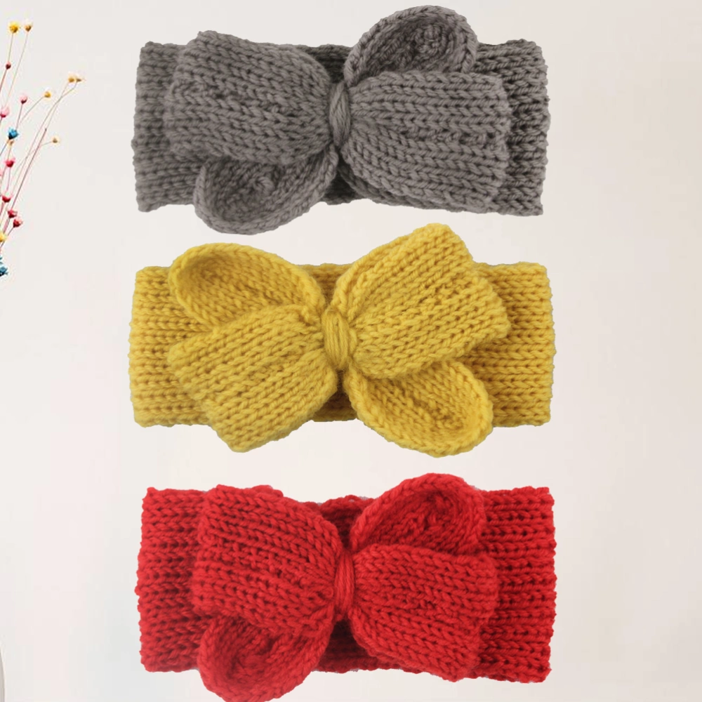 3pcs Kids Knitted Headbands Bowknot Headwrap Elastic Ear Warmer Hair Band for Autumn Winter (Red, Yellow, Grey)