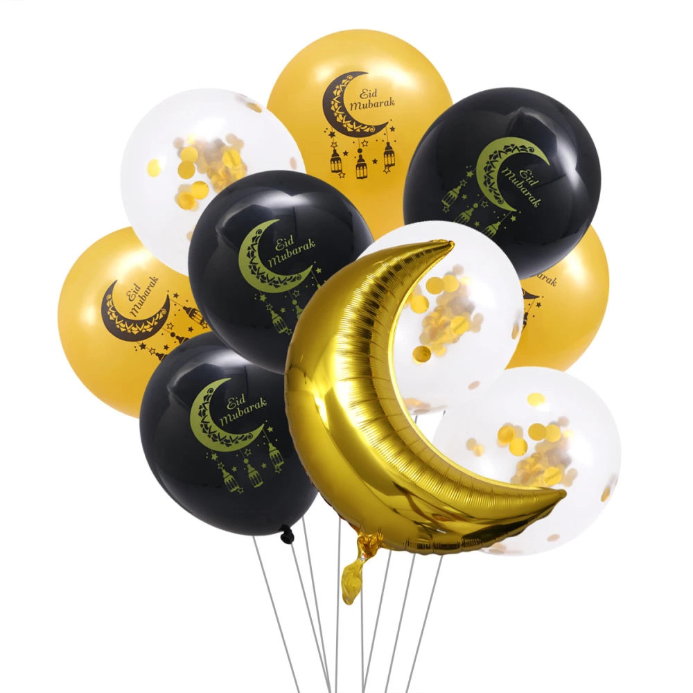 10 Pcs EID Mubarak Crescent Moon Printed Pattern Balloons Sequins Latex Balloons Moon Shaped Foil Balloons Islamic Decoration Ornament (Golden& Black)