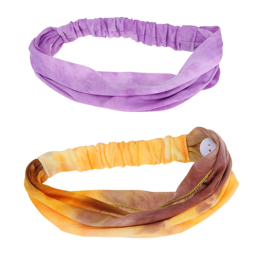 2PCS Fashion Tie-dye Binding Headband Ear Care Button Headscarf Breathable Yoga Sports Headscarf Multi-functional Fitness Headband for   Women Men Wearing (Yellow+Purple)