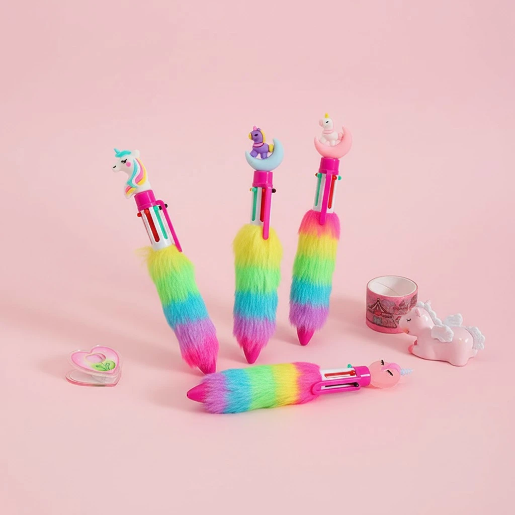 4Pcs Plush Unicorn Ballpoint Pens Children Writing Pens Colorful Ballpoint Pens Cartoon Pens