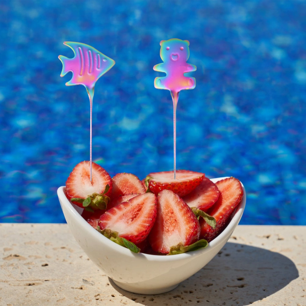 4 PCs Stainless Steel Cocktail Picks Rustproof Assorted Shaped Fruit Sticking Pole Dessert Toppers for Dinner Party Banquet - Cherry Blossom + Bear + Grape + Fish (Colorful)