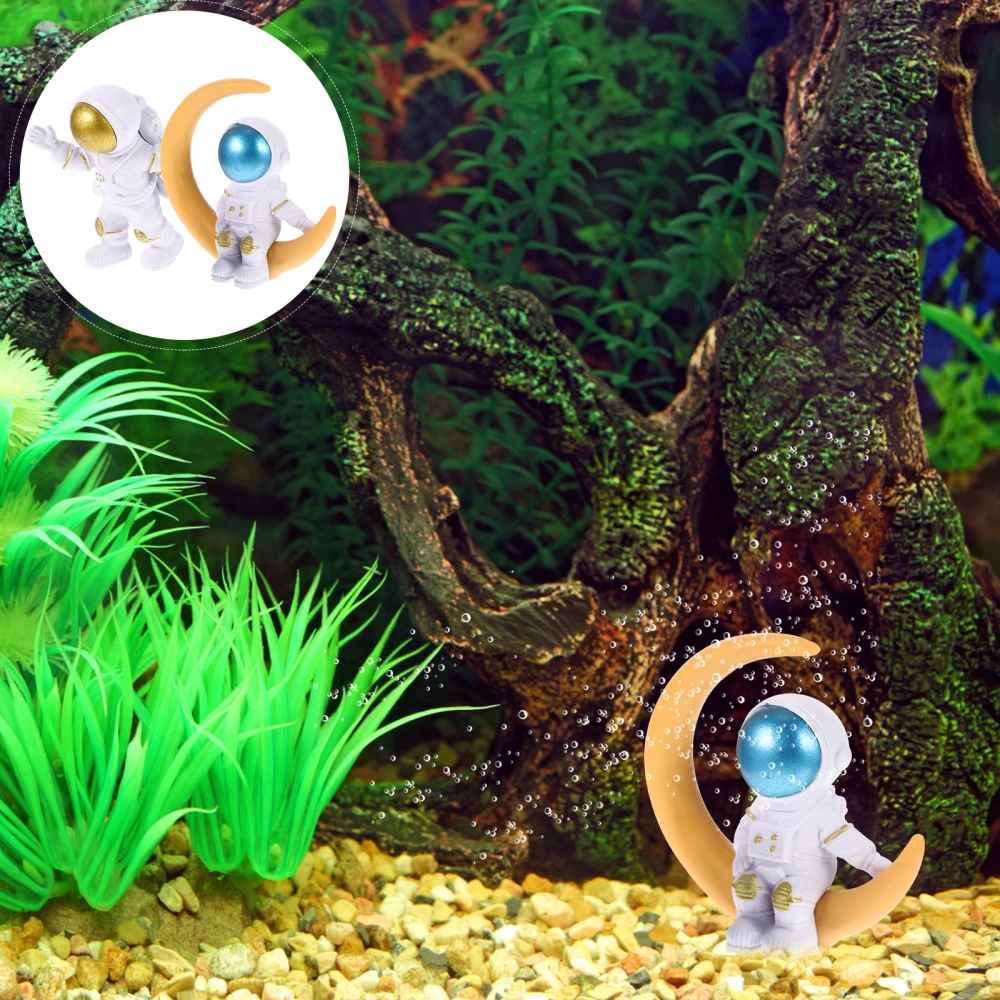 2Pcs Aquarium Decorations Astronaut Themed Ornaments Golden Moon Spacemen Decors