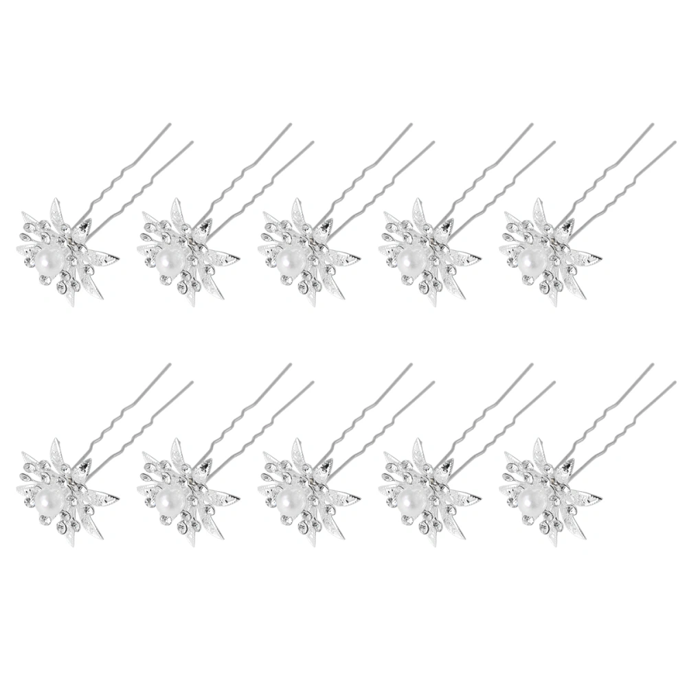 10 Pcs U-shaped Hairpin Artificial Pearl Floral Hairpin with Rhinestone Hair Clips Accessories for Wedding Bride Bridesmaid Party(White)