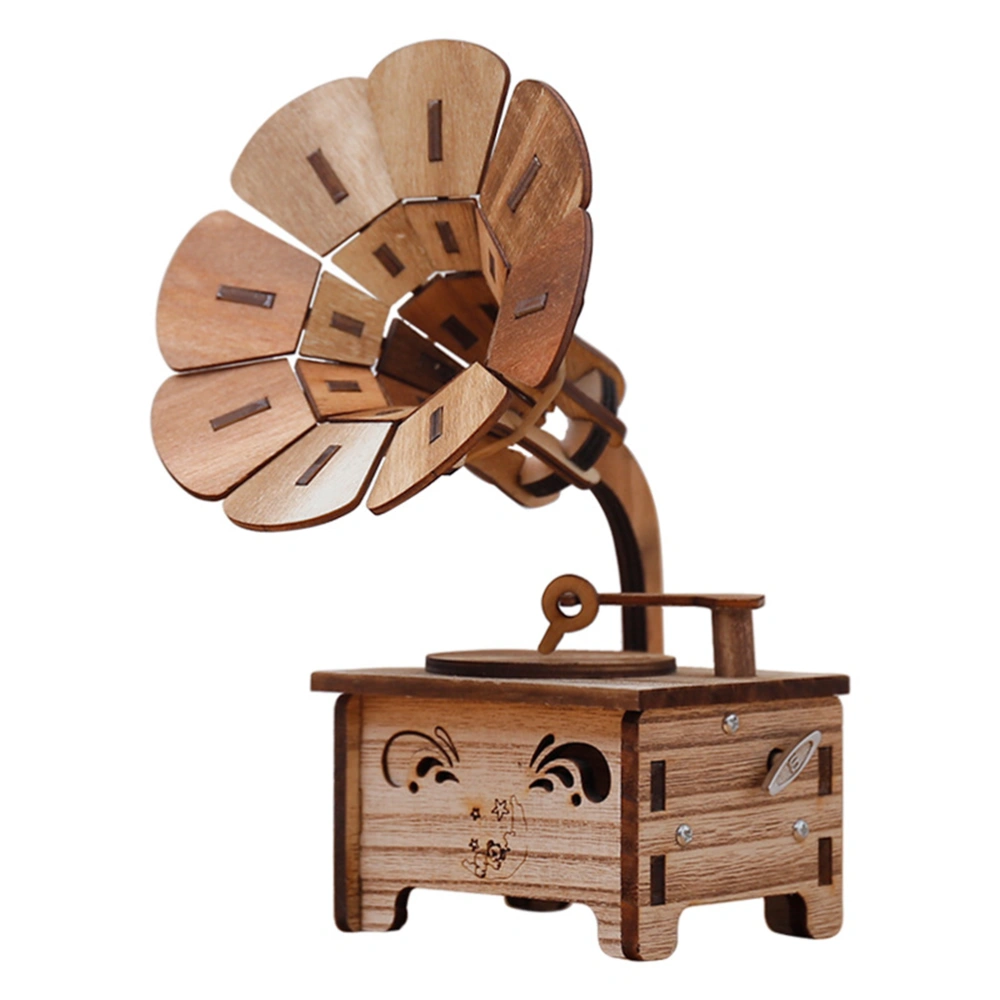 1PC DIY Gramophone Toy Wooden Melody Box Creative Melody Box Musical Toy Birthday Gift for Kids Students (Random Music)