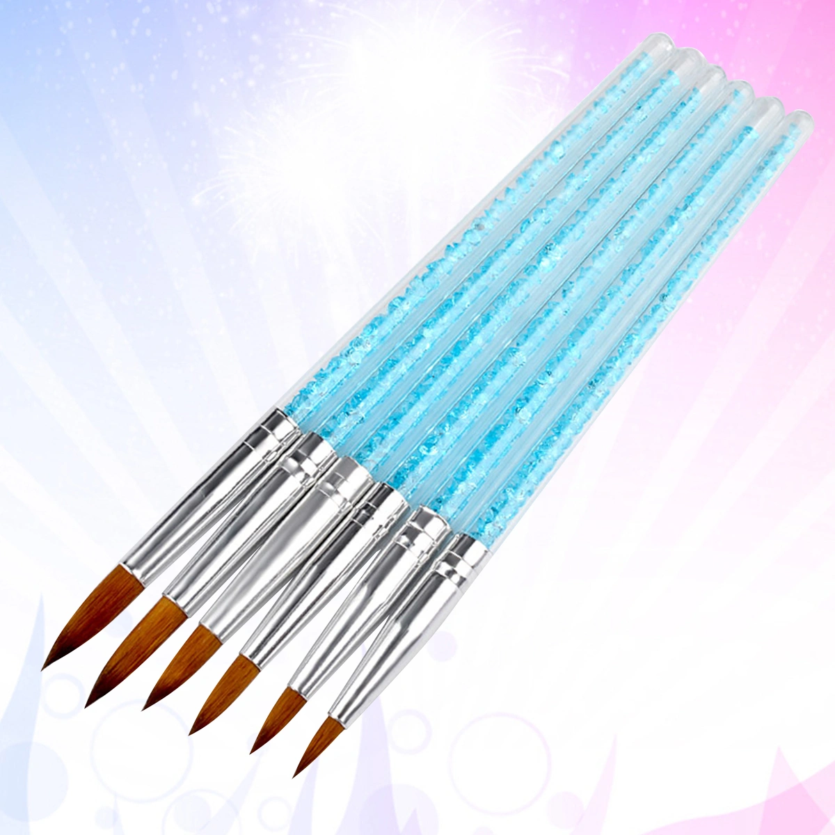 6pcs Nail Art Brushes Set Nail Painting Pens Blue Rhinestone Handle Drawing Liner Brush Manicure Tools