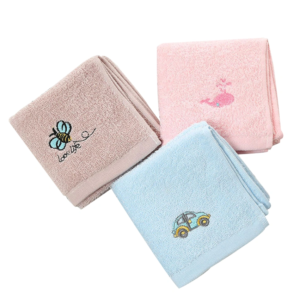 3pcs Cotton Hand Towels Embroideried with Cartoon Pattern Absorbent Face Towels Quick Dry Washcloth for Household(Coffee, Blue and Pink)