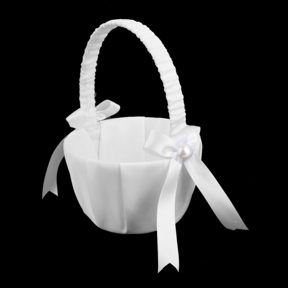 Satin Wedding Flower Girl Basket Faux Pearl Ribbon Bowknot Decorated (White)