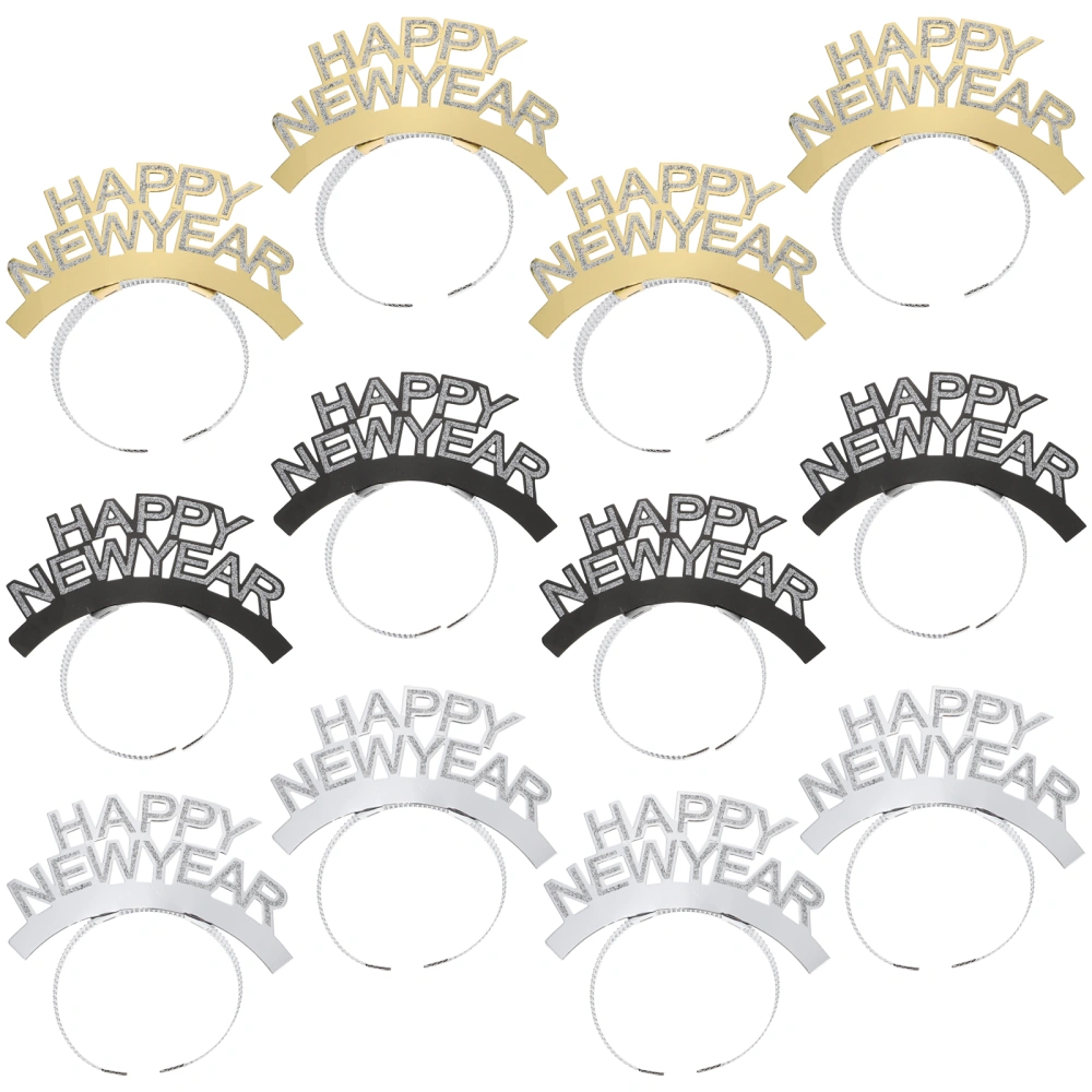 12pcs Headband Happy New Year Letters Hair Headdress New Year Party Kids Party Hair Accessories (Golden Silver Black Mixed)