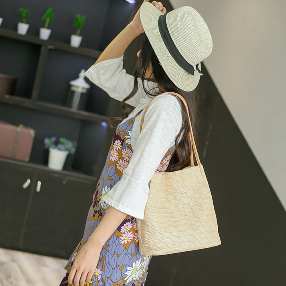 Knitted Bag Handmade Straw Bag Bucket Bag Shoulder Bag(Light Beige)