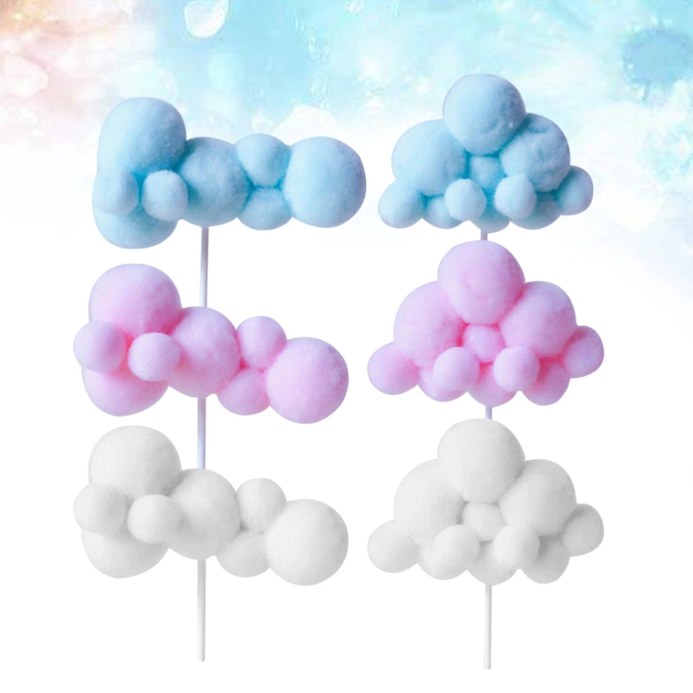 6 Pcs Handmade Yarn Ball Cloud Birthday Cake Toppers Party Cake Decoration Ornaments （White + Pink + Blue）