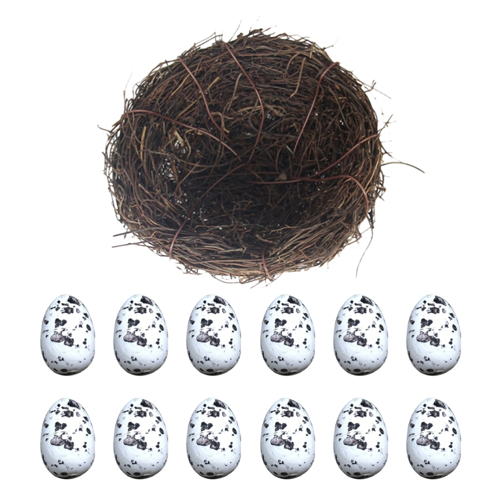 13pcs 20cm Simulation Rattan Bird Nest Easter Bird Egg Ornament Party DIY Decor (1pcs Bird Nest, 12pcs Bird Eggs)