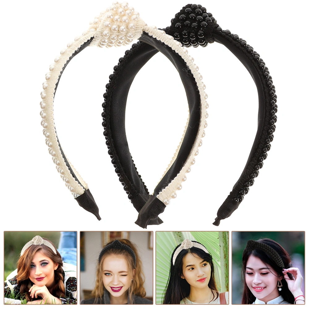 2Pcs Pearl Hair Hoops Minimalist Hair Band Wind Band Headband Women Headwrap Girls Headdress White Black