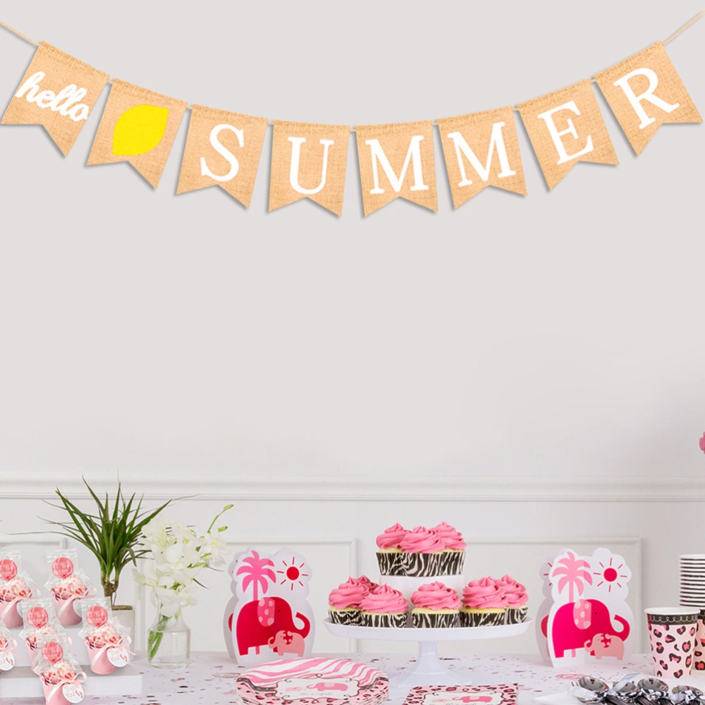 Burlap Banner Hello Summer Bunting Swallowtail Shaped Pull Flag Garland for Summer Party Decoration