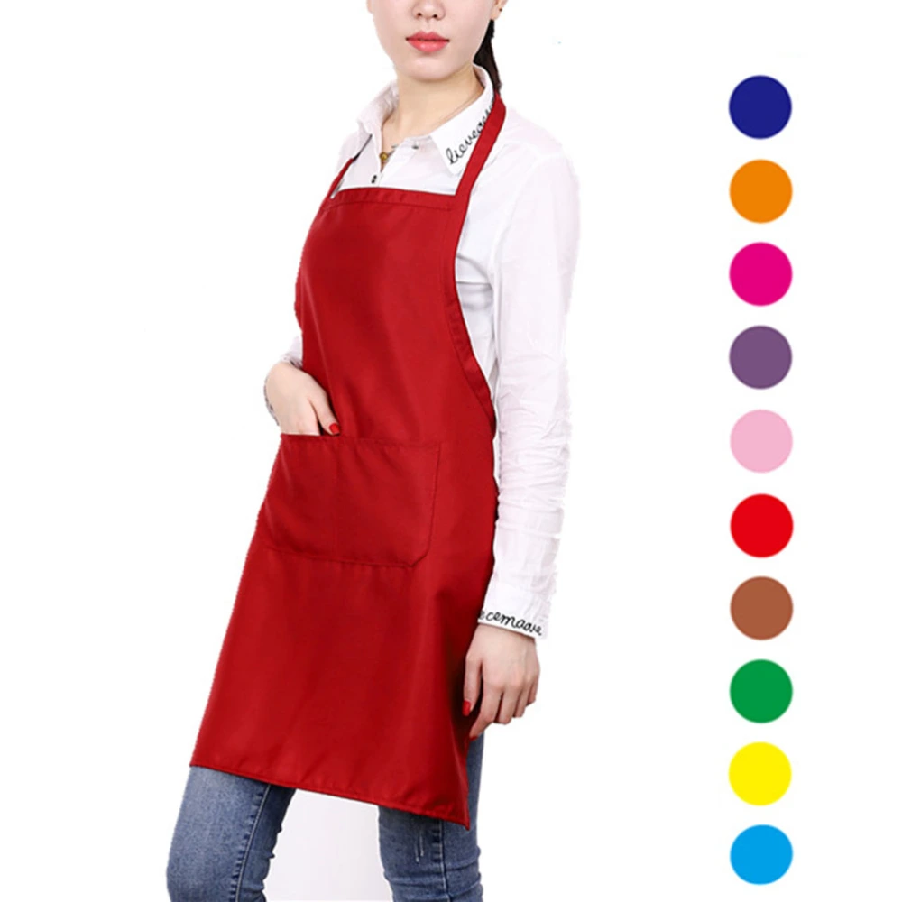 Pure Color Neck Strap Bib Apron Waterproof Restaurant and Home Kitchen Apron 60x70cm (Red)