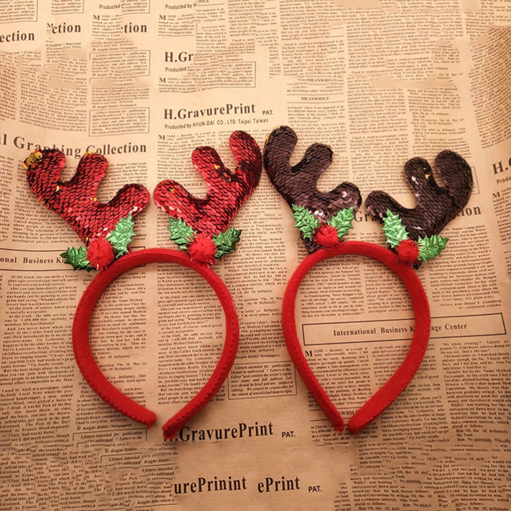 2pcs Christmas Elk Hair Band Sequin Reindeer Hair Xmas Headdress Party Favors Photo Props for Kids (Red+Brown)