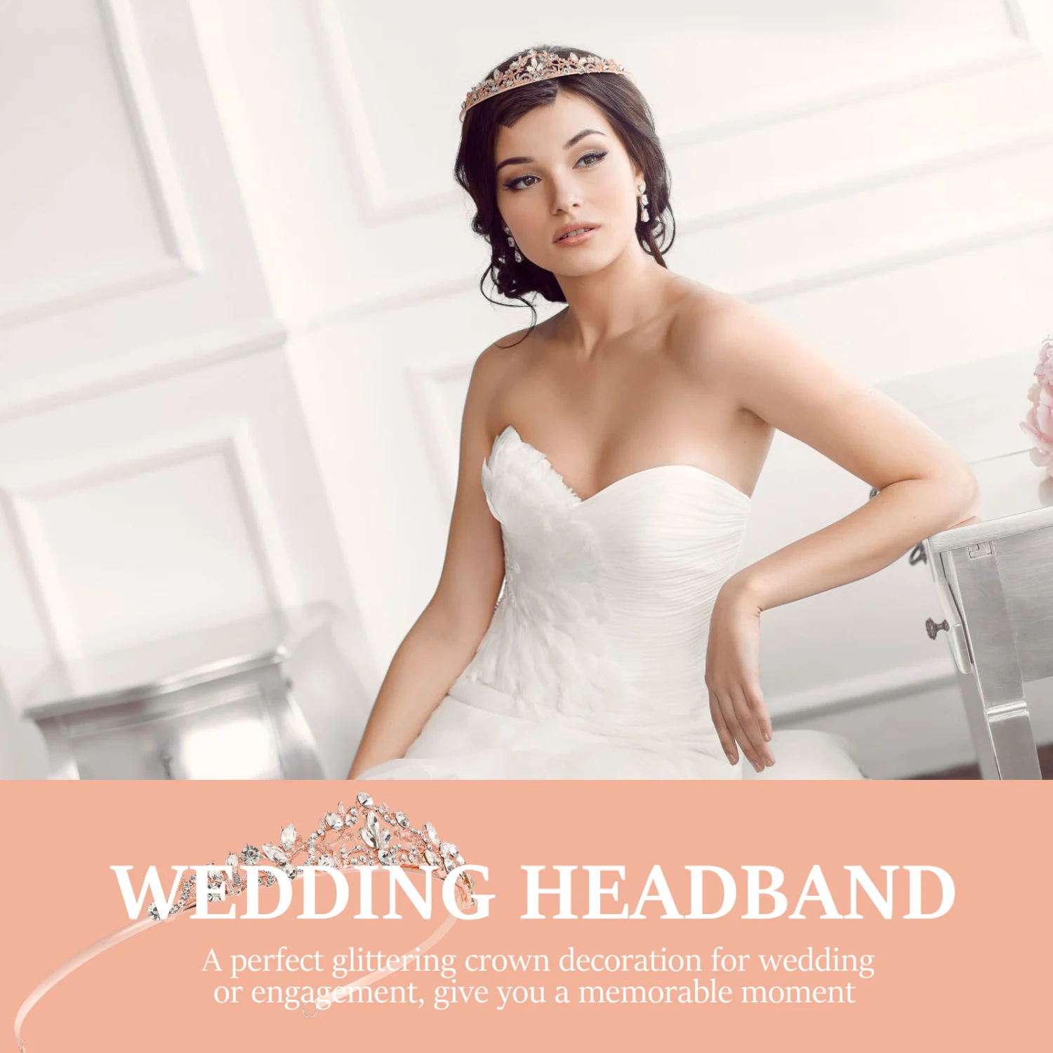 Minkissy Sparkly Crown Rhinestones Headband Tiara Headpiece for Bride Wedding Birthday Party (Rose Gold)